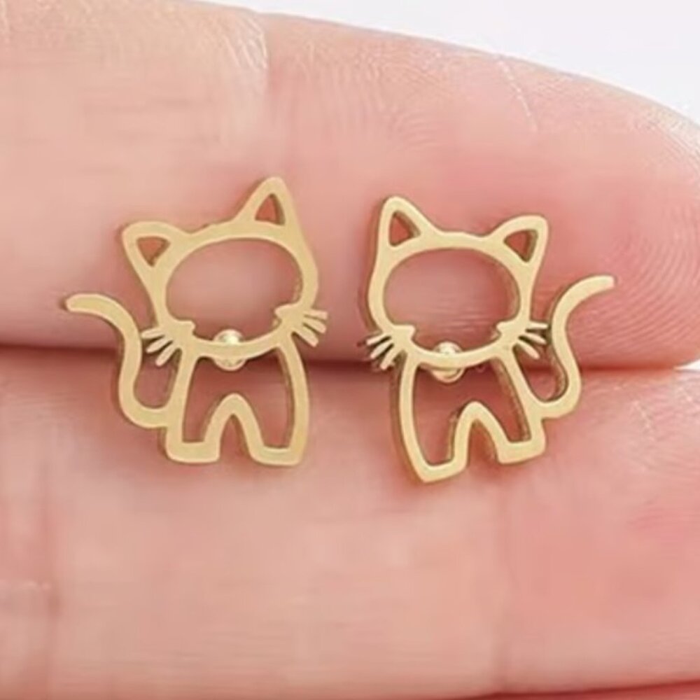 Gold Stainless Steel KITTY CAT Stud Earrings